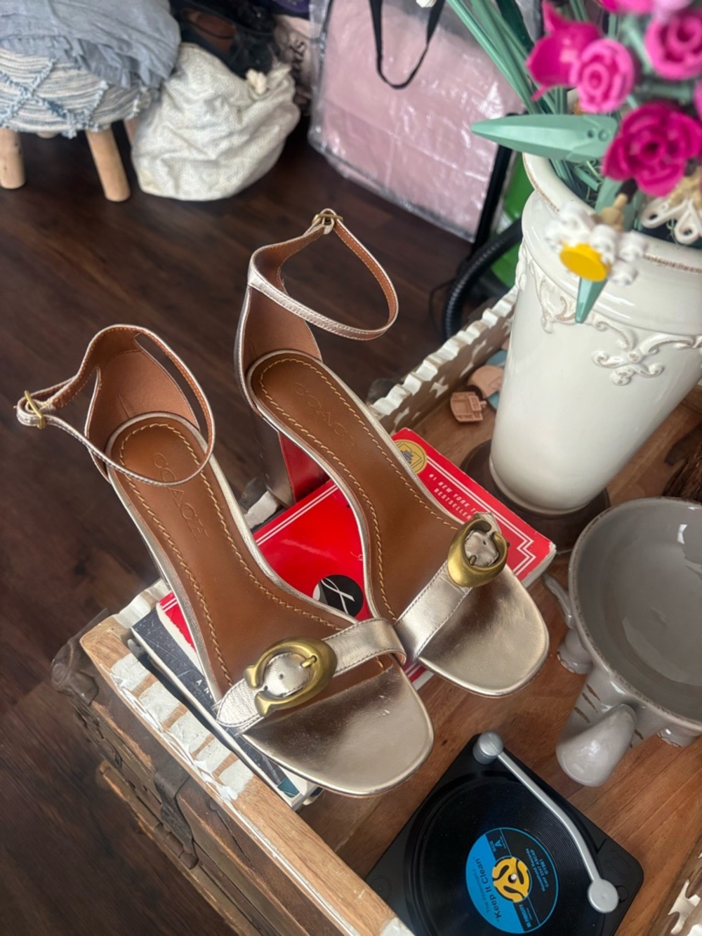Coach Metallic Gold Ankle-Strap Block Heel Sandals